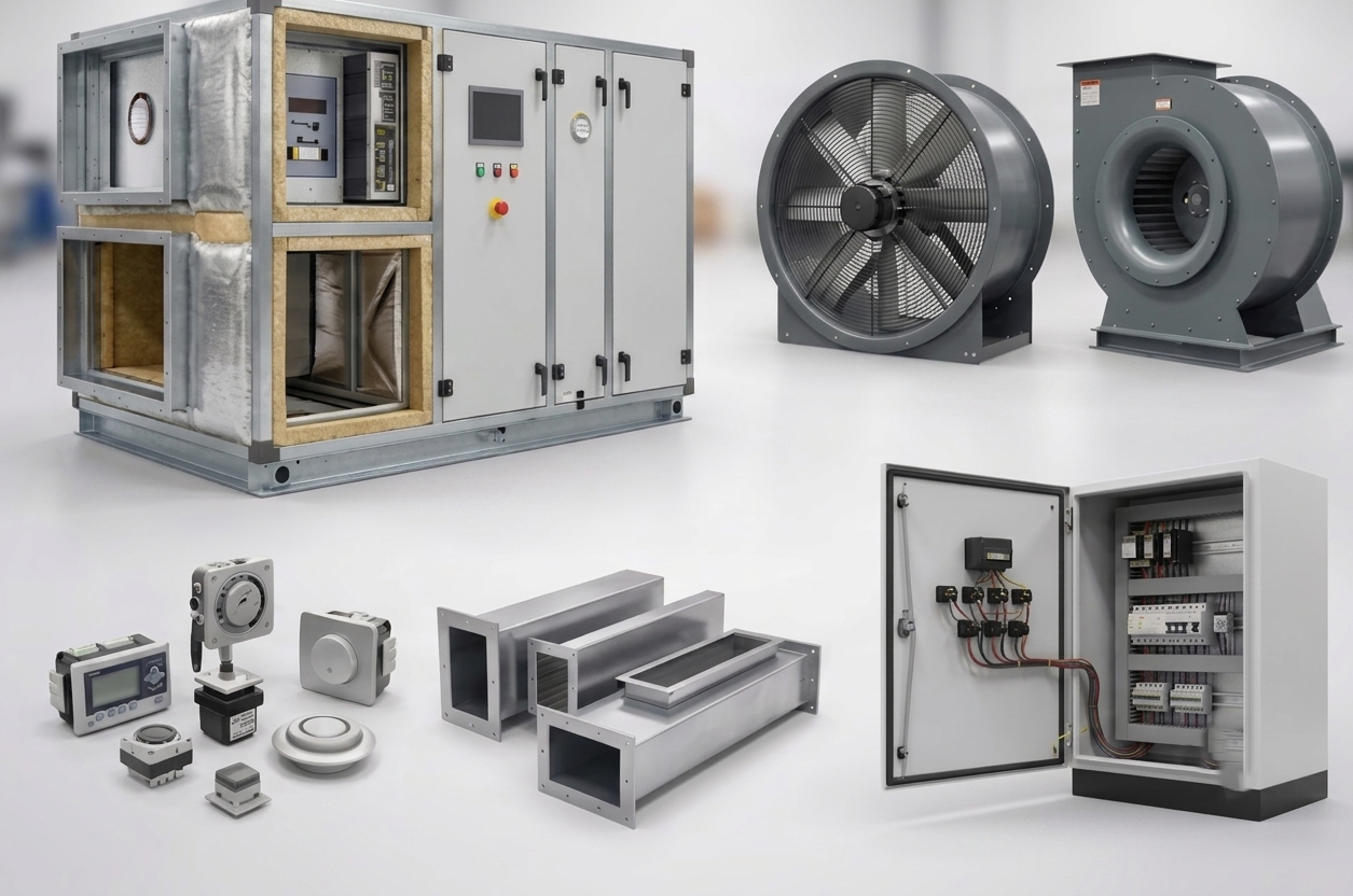 Aeolus product range: air handling unit, axial and centrifugal fans, air control devices, ducting and an electrical control panel