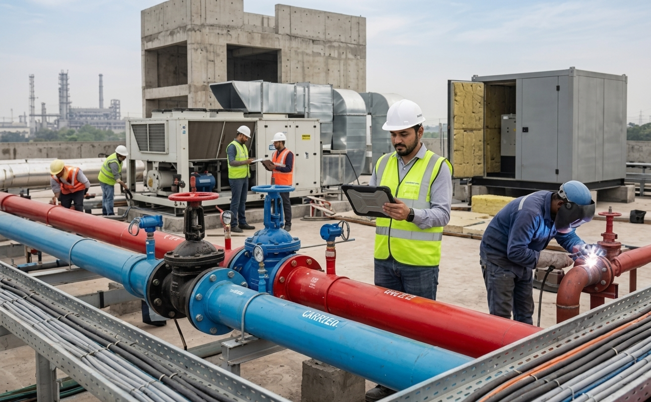 Aeolus engineers reviewing rooftop HVAC, chilled water and fire piping during installation
