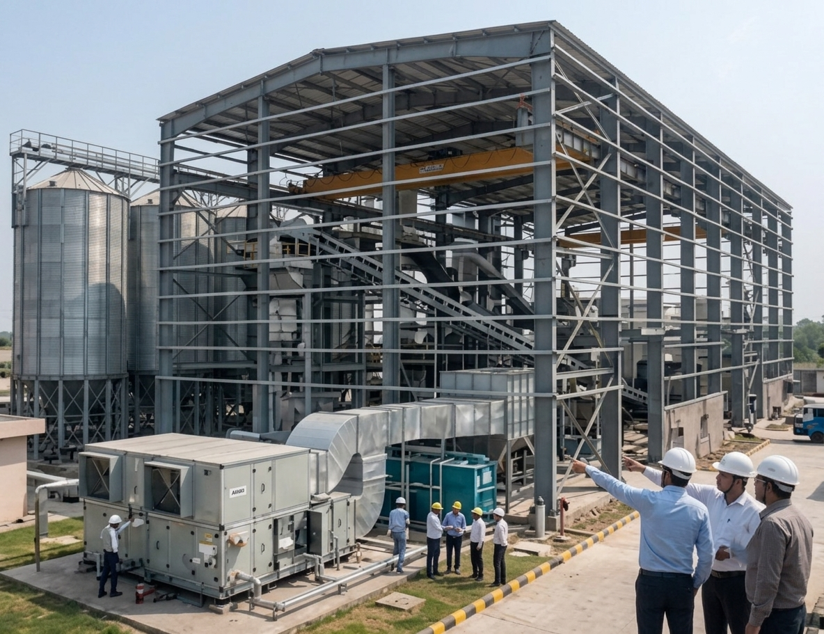 Aeolus engineers on site at an industrial plant with structural steel framing, silos and an air handling unit