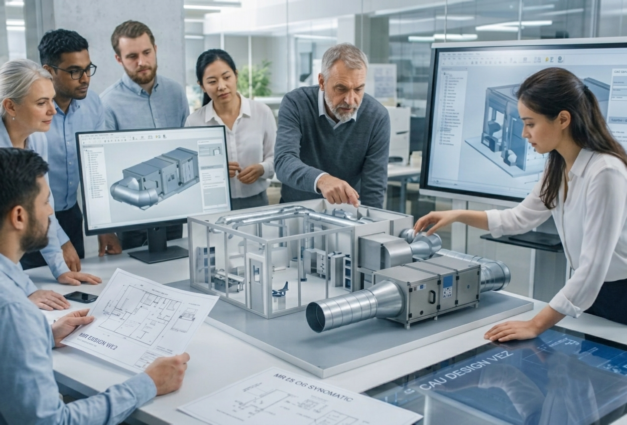 Aeolus design engineers reviewing a CAD model and physical mock-up of an air handling unit