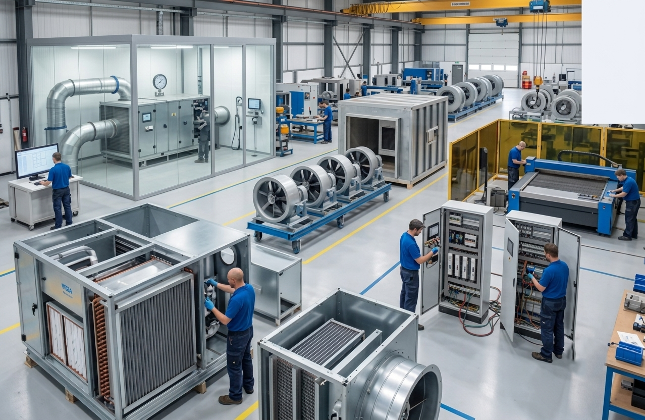 Aeolus works facility with air handling units, axial fans and electrical panels under assembly and testing